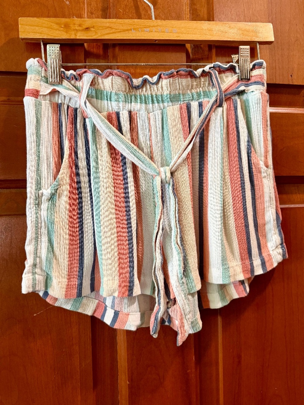 Jolt Pastel Striped Paperbag Waist Shorts Linen Blend High Rise Boho Tie SZ M